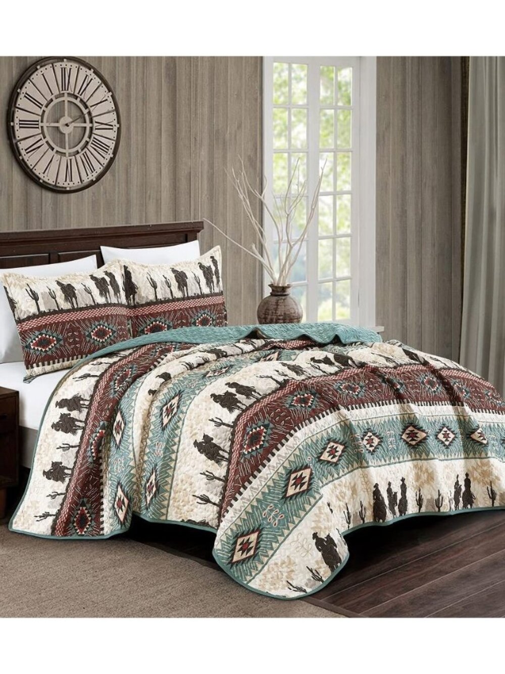Jaba/WPM Western Teal/Beige/Burgundy Cowboy Desert Southwestern Print Bedspread